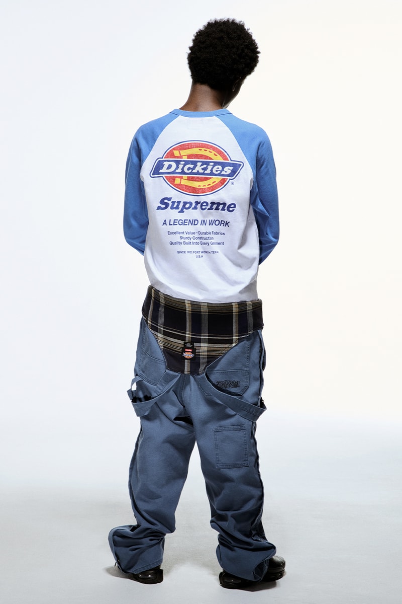 Supreme x Dickies Fall 2024 Collaboration Hooded Leather Work Jacket, Hooded Work Jacket, L/S Polo, L/S Top, Hooded Sweatshirt, Flannel Lined Overall and Flannel Lined Cargo Pant