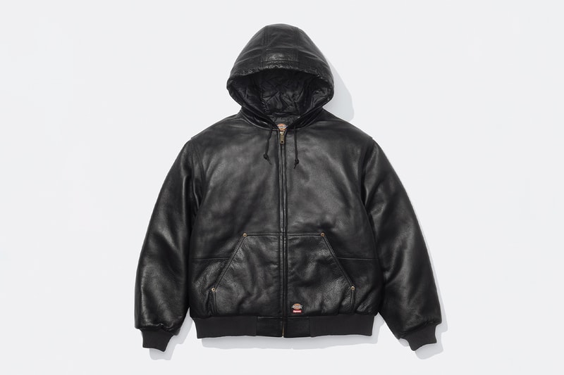 Supreme x Dickies Fall 2024 Collaboration Hooded Leather Work Jacket, Hooded Work Jacket, L/S Polo, L/S Top, Hooded Sweatshirt, Flannel Lined Overall and Flannel Lined Cargo Pant