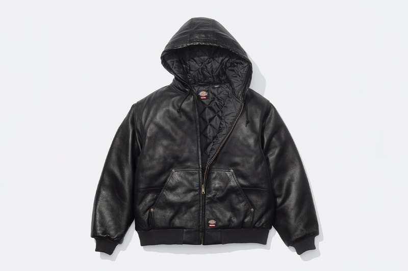 Supreme x Dickies Fall 2024 Collaboration Hooded Leather Work Jacket, Hooded Work Jacket, L/S Polo, L/S Top, Hooded Sweatshirt, Flannel Lined Overall and Flannel Lined Cargo Pant