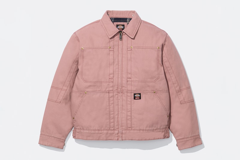 Supreme x Dickies Fall 2024 Collaboration Hooded Leather Work Jacket, Hooded Work Jacket, L/S Polo, L/S Top, Hooded Sweatshirt, Flannel Lined Overall and Flannel Lined Cargo Pant