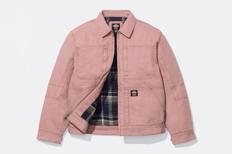 Supreme x Dickies Fall 2024 Collaboration Hooded Leather Work Jacket, Hooded Work Jacket, L/S Polo, L/S Top, Hooded Sweatshirt, Flannel Lined Overall and Flannel Lined Cargo Pant