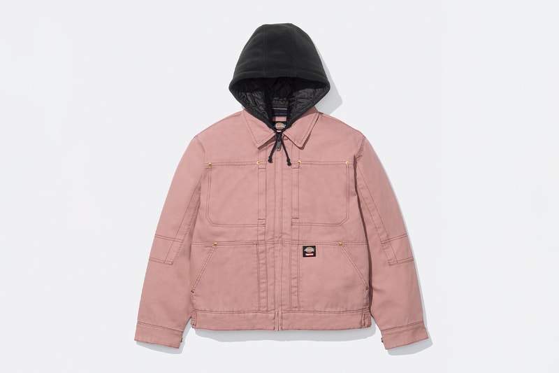 Supreme x Dickies Fall 2024 Collaboration Hooded Leather Work Jacket, Hooded Work Jacket, L/S Polo, L/S Top, Hooded Sweatshirt, Flannel Lined Overall and Flannel Lined Cargo Pant