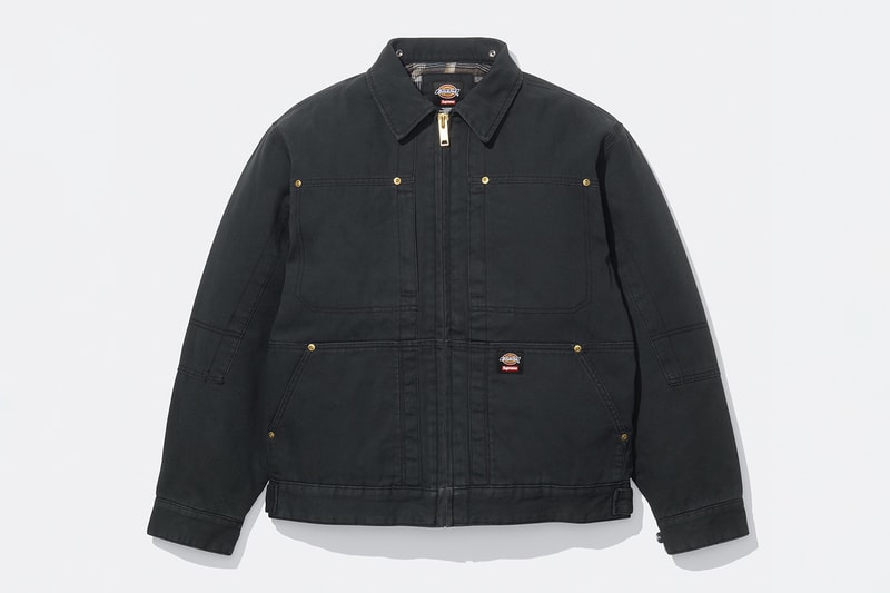 Supreme x Dickies Fall 2024 Collaboration Hooded Leather Work Jacket, Hooded Work Jacket, L/S Polo, L/S Top, Hooded Sweatshirt, Flannel Lined Overall and Flannel Lined Cargo Pant