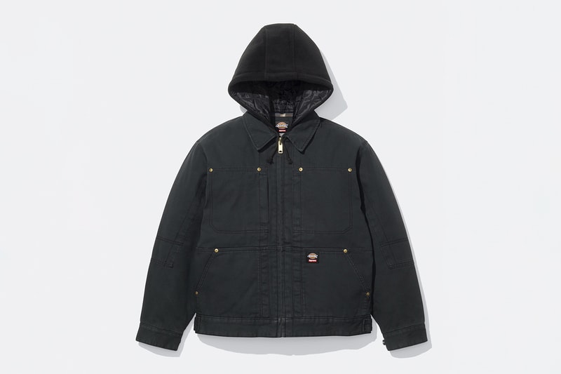 Supreme x Dickies Fall 2024 Collaboration Hooded Leather Work Jacket, Hooded Work Jacket, L/S Polo, L/S Top, Hooded Sweatshirt, Flannel Lined Overall and Flannel Lined Cargo Pant