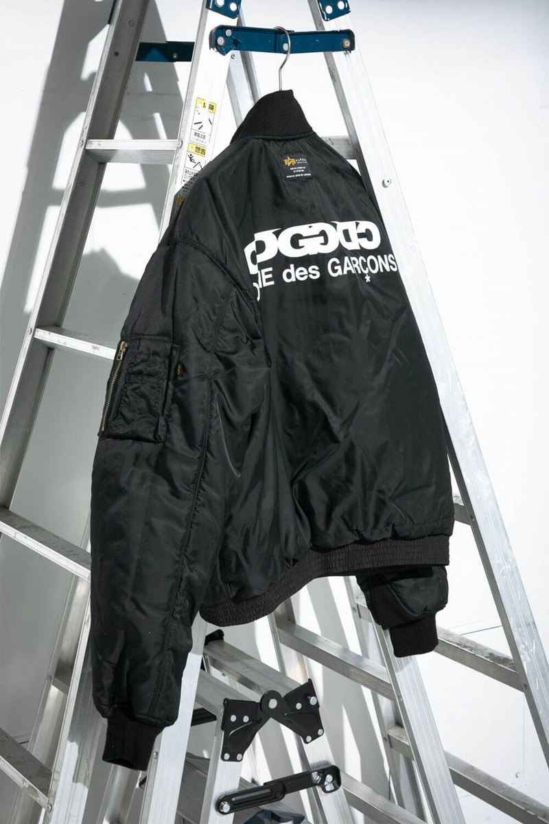 Comme des Garçons Reworks Alpha Industries' MA-1 Jacket collab flight bomber jacket release info price cdg play homme