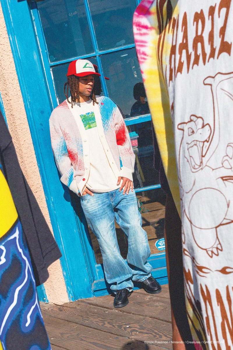 The Hundreds Catches 'Em All in New Pokémon Capsule Pikachu, Charizard, Meowth, Psyduck, Eevee and Mew. graphic second collab cut Togepi  and sew cardigan Team Rocket Ash Ketchum