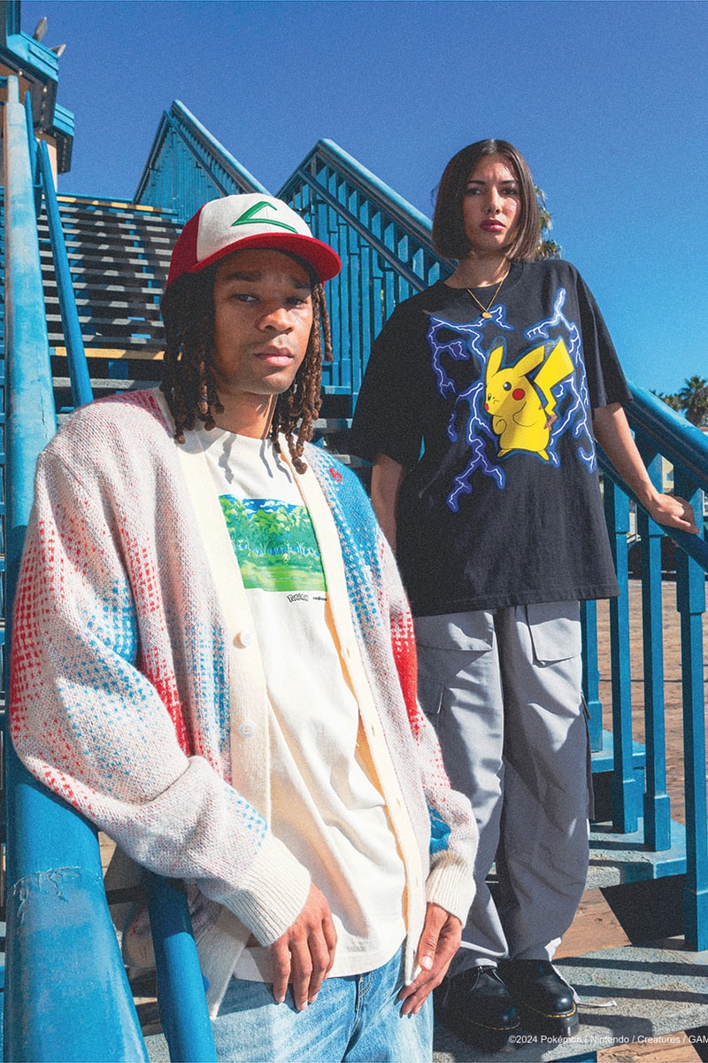 The Hundreds Catches 'Em All in New Pokémon Capsule Pikachu, Charizard, Meowth, Psyduck, Eevee and Mew. graphic second collab cut Togepi  and sew cardigan Team Rocket Ash Ketchum