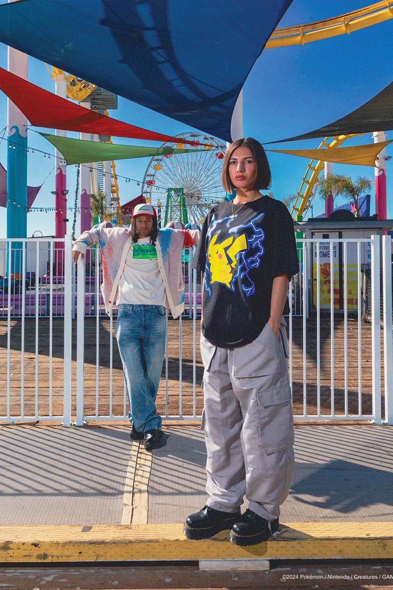 The Hundreds Catches 'Em All in New Pokémon Capsule Pikachu, Charizard, Meowth, Psyduck, Eevee and Mew. graphic second collab cut Togepi  and sew cardigan Team Rocket Ash Ketchum