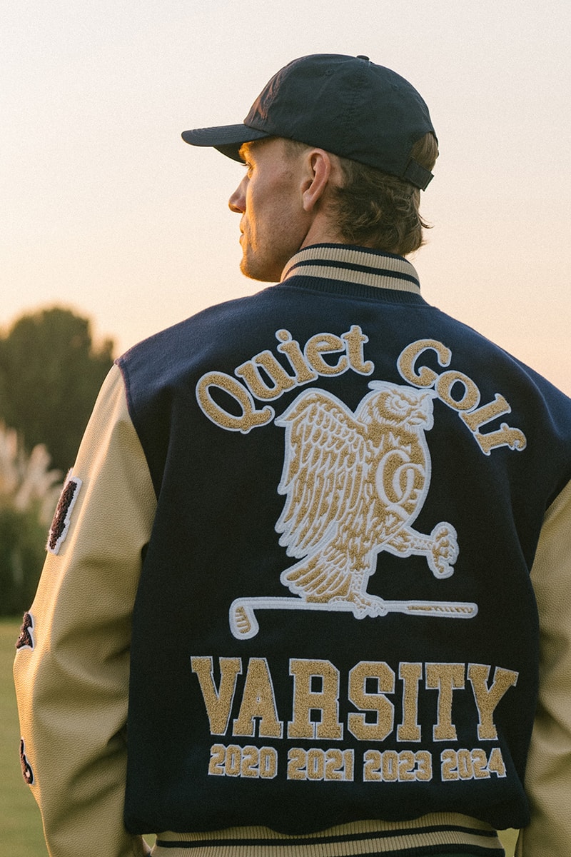 quiet golf winter 2024 collection price info availability sweater varsity jacket polo crewneck vest t shirt hoodie hat pants