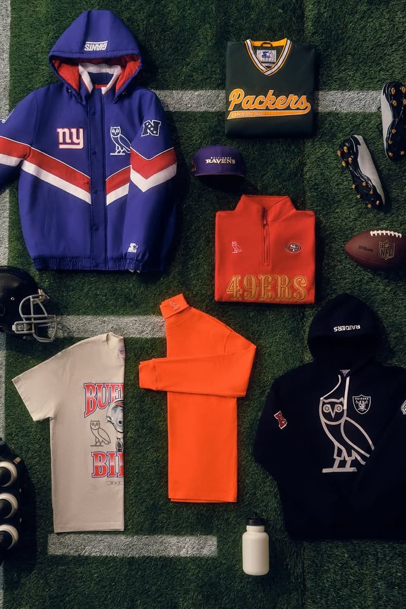 Drake's OVO and NFL Release Second Collaborative Capsule Collection Chicago bears new york giants new orleans saints Buffalo Bills Baltimore Ravens Las Vegas Raiders dallas cowboys san francisco 49ers green bay packers