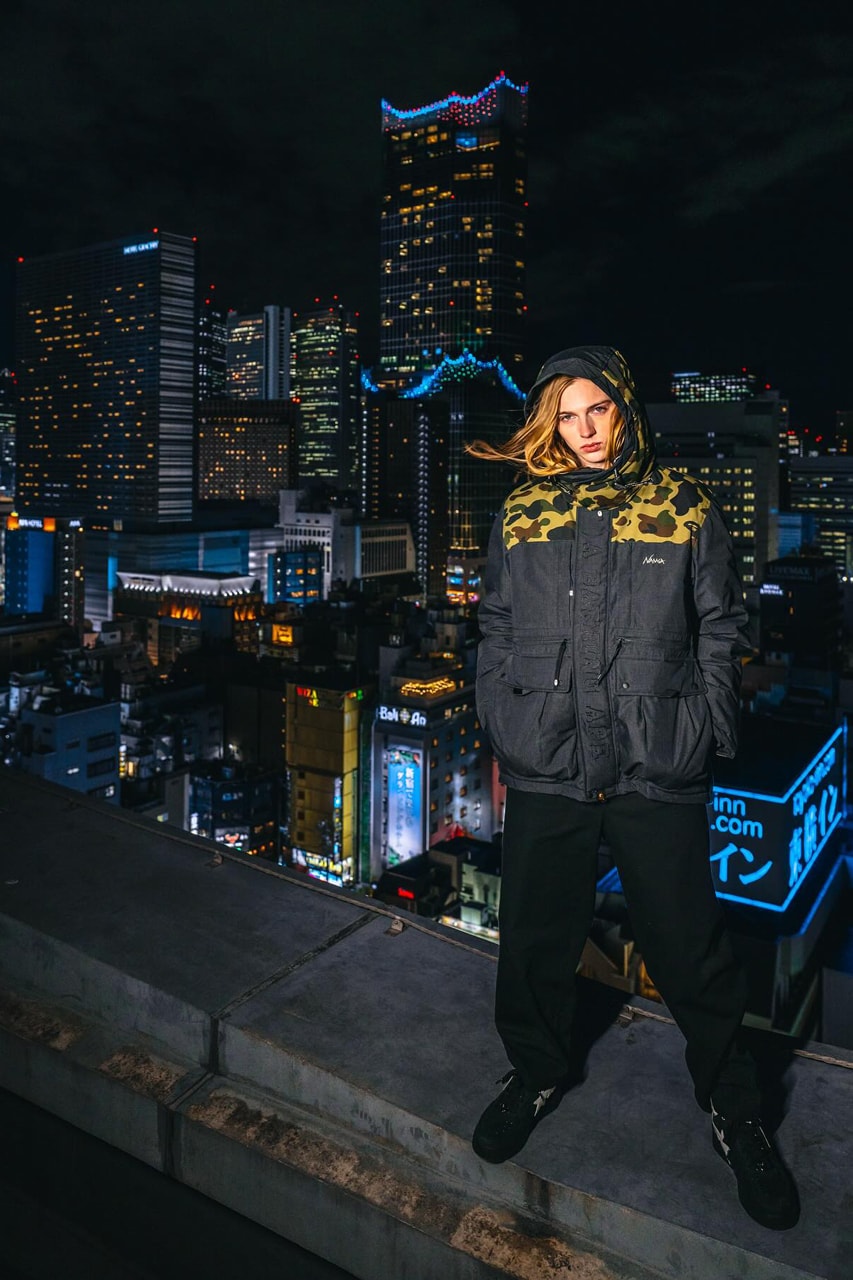 Nanga Doubles Down with BAPE Collab heads release info jacket sleeping bag camo price release info collaboration collection capsule