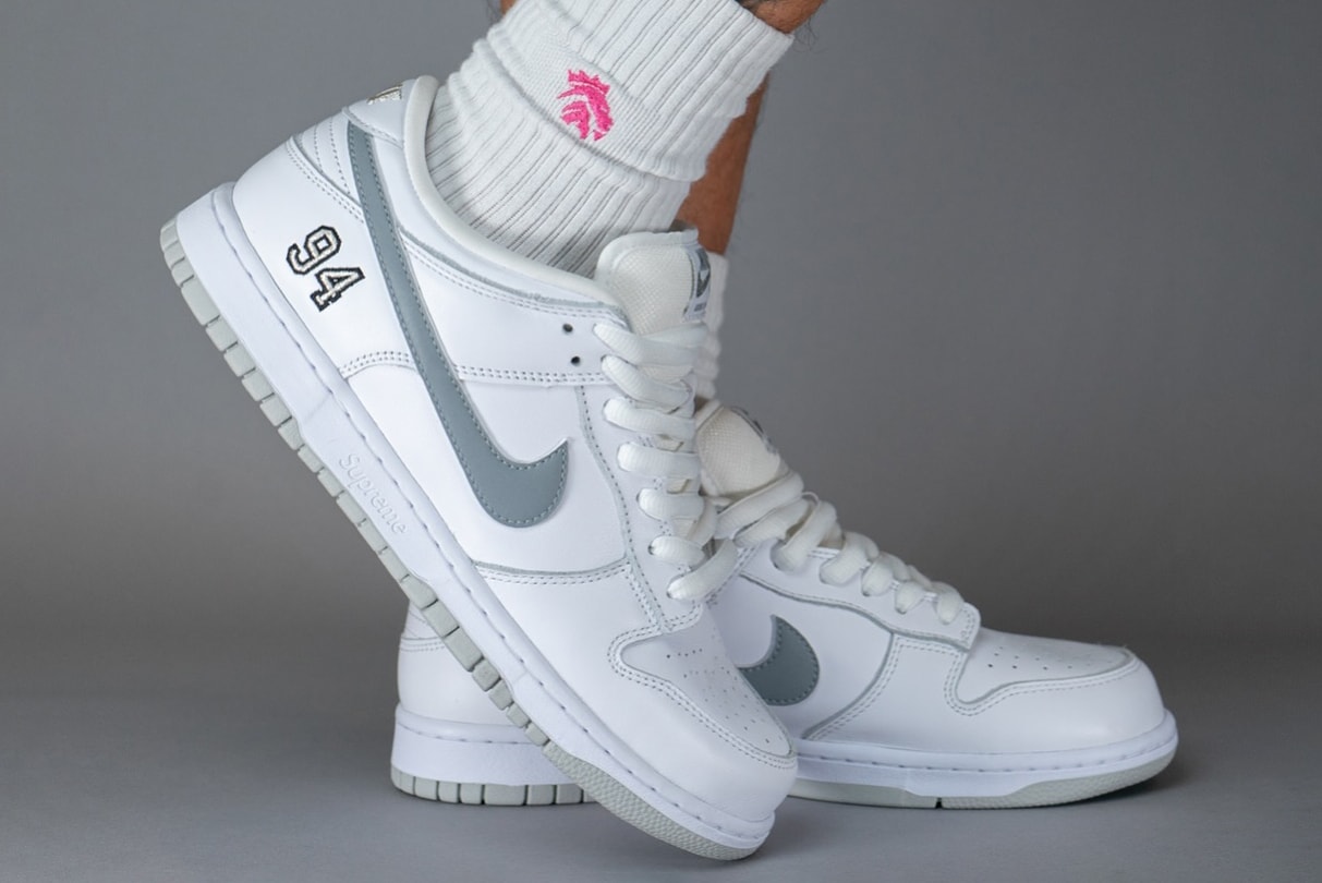 supreme nike sb dunk low white grey hq8487 100 official release date info photos price store list buying guide