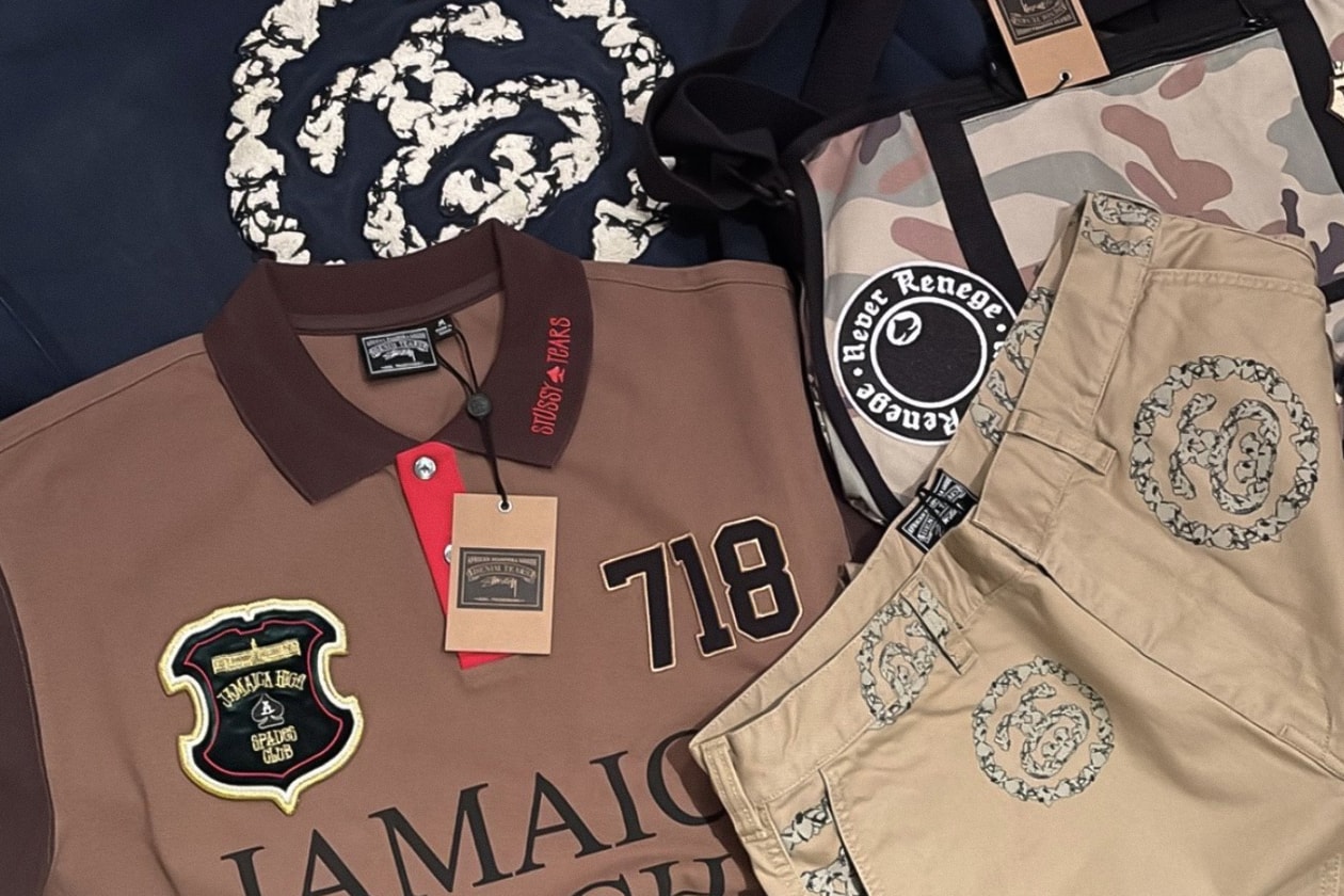 First Look At Upcoming Stüssy x Denim Tears Collaboration Surfaces tremaine emory ss25 spring summer 2025 jaimaican high school shawn collection lookbookstussy skatewear brand ny x la tshirt shorts khaki cotton wreath jamaican high