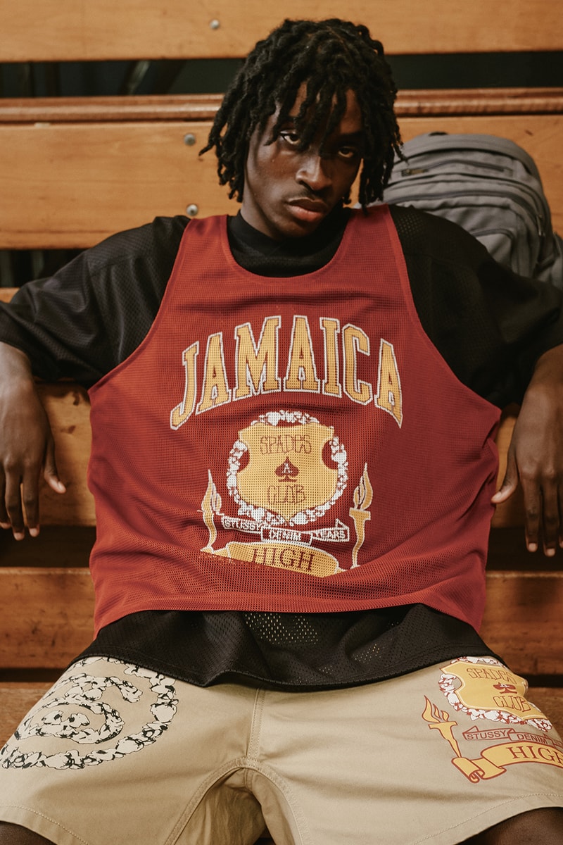 First Look At Upcoming Stüssy x Denim Tears Collaboration Surfaces tremaine emory ss25 spring summer 2025 jaimaican high school shawn collection lookbookstussy skatewear brand ny x la tshirt shorts khaki cotton wreath jamaican high