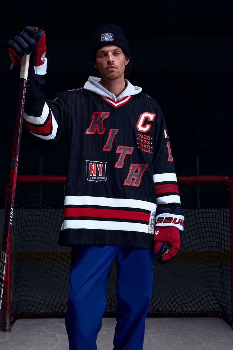 KITH Hits the Ice With the New York Rangers collab release info madison square garden Bauer, Mitchell & Ness, AVIREX and Inglasco puck jacket stick game tickets price mark messier jersey