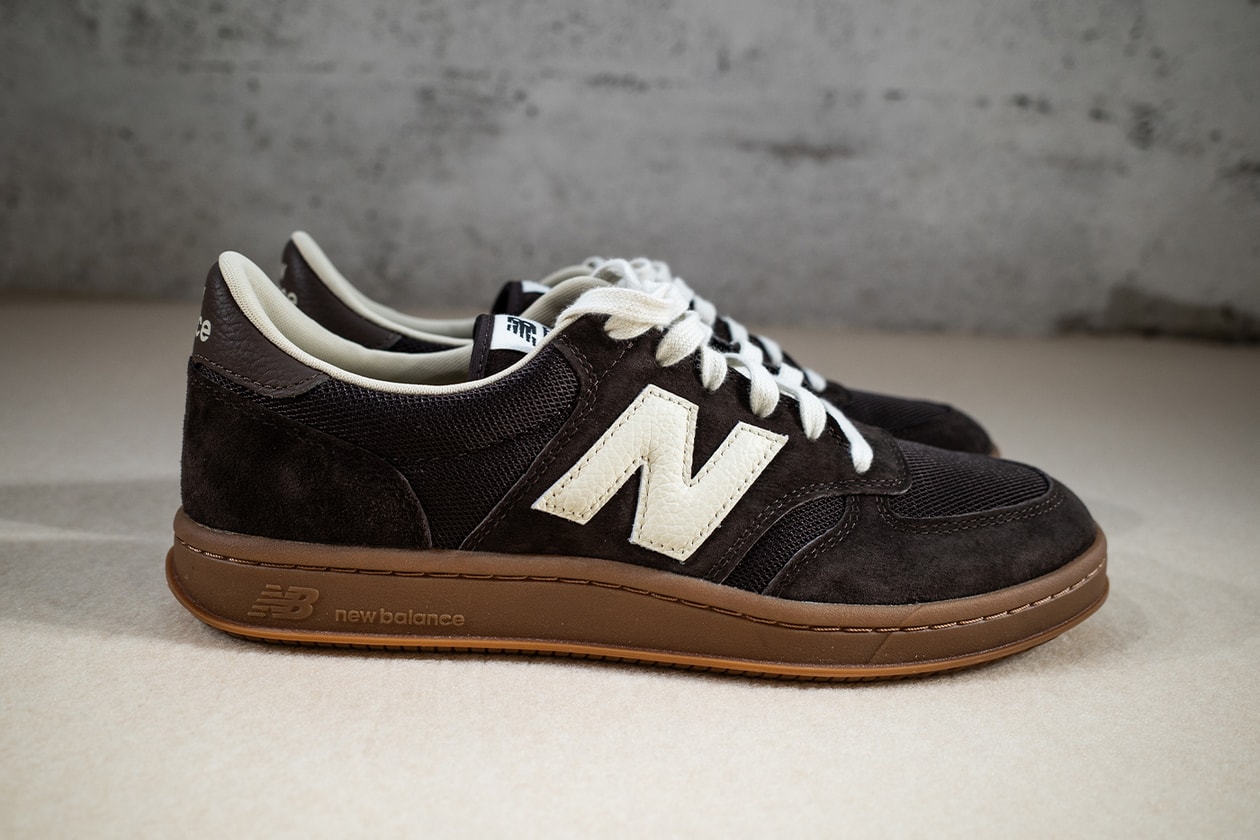 Closer Look at the AURALEE x New Balance T500 FW25 Collaboration tennis shoe brown lime green japanese release date store list