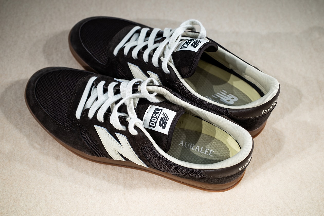 Closer Look at the AURALEE x New Balance T500 FW25 Collaboration tennis shoe brown lime green japanese release date store list