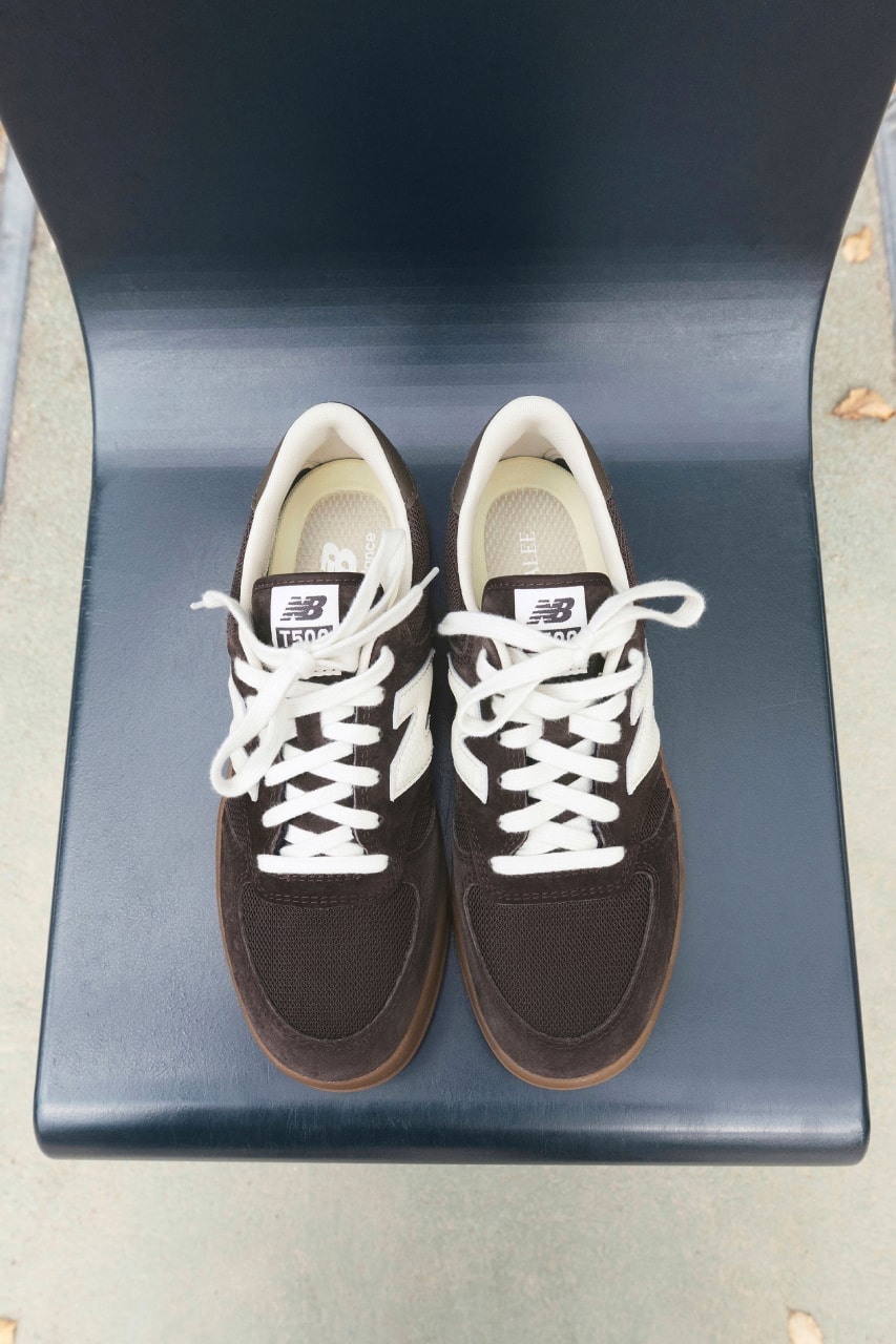 Closer Look at the AURALEE x New Balance T500 FW25 Collaboration tennis shoe brown lime green japanese release date store list
