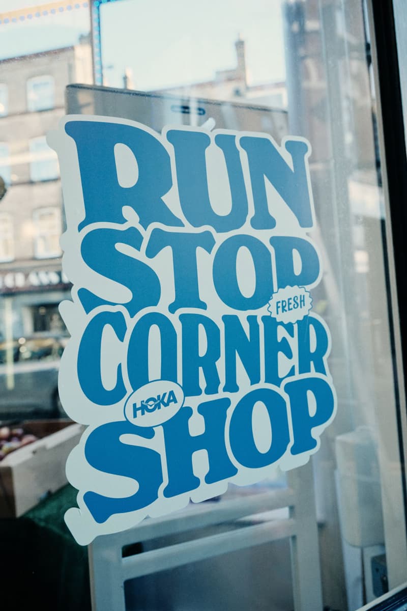 HOKA "Run Stop Corner Shop" Bethnal Green Road London UK Installation Running Sports Trainers Sneakers Corner Shop Athletics Bondi 9 Running Shoe