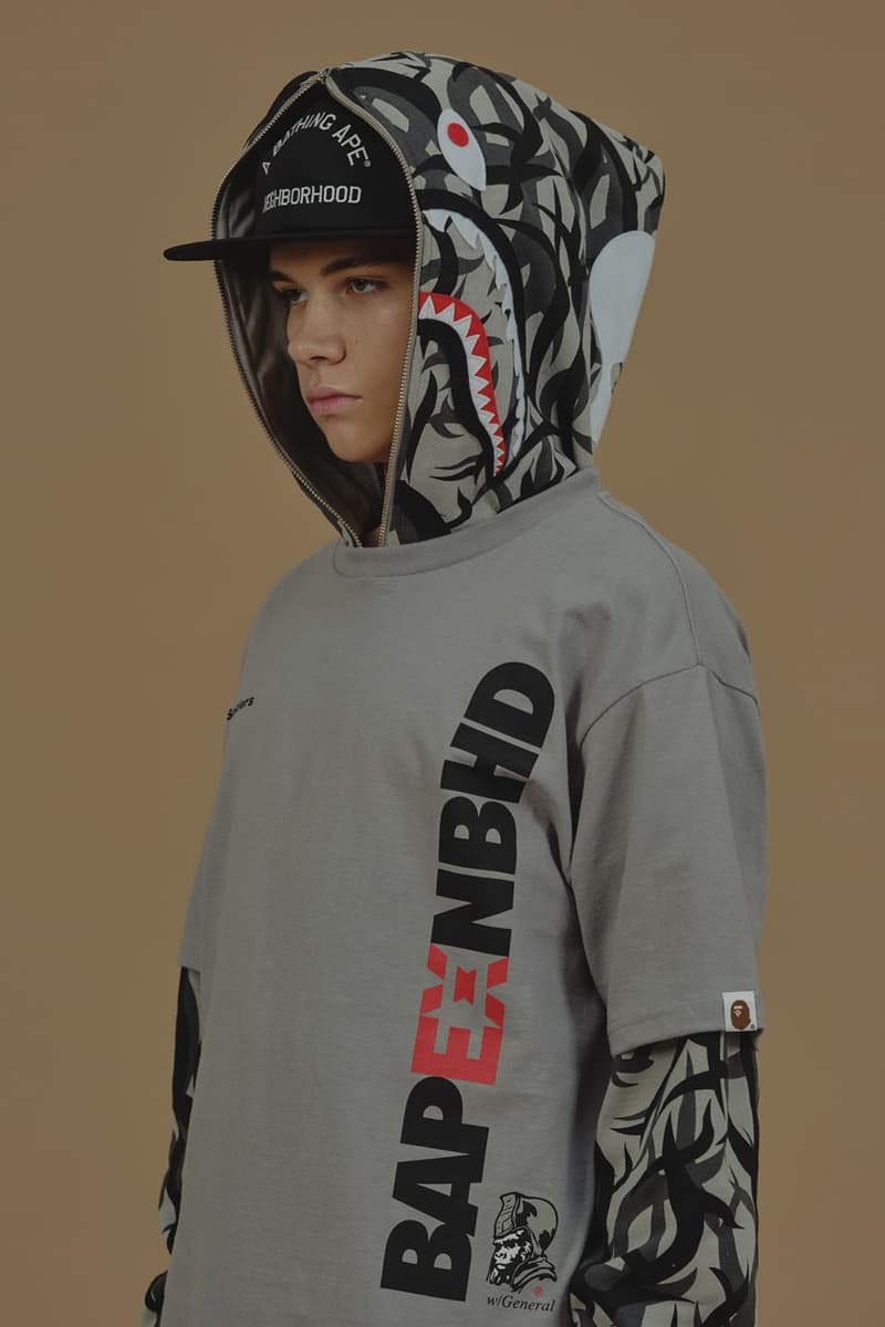 BAPE Joins NEIGHBORHOOD for Cold Weather, Camo-Covered Capsule collab fashion week y-3 yohji yamamoto adidas a bathing ape ceramic accessories apparel release info Shinsuke Takizawa trial colorway jacket snowboard hoodie graphic collaboration