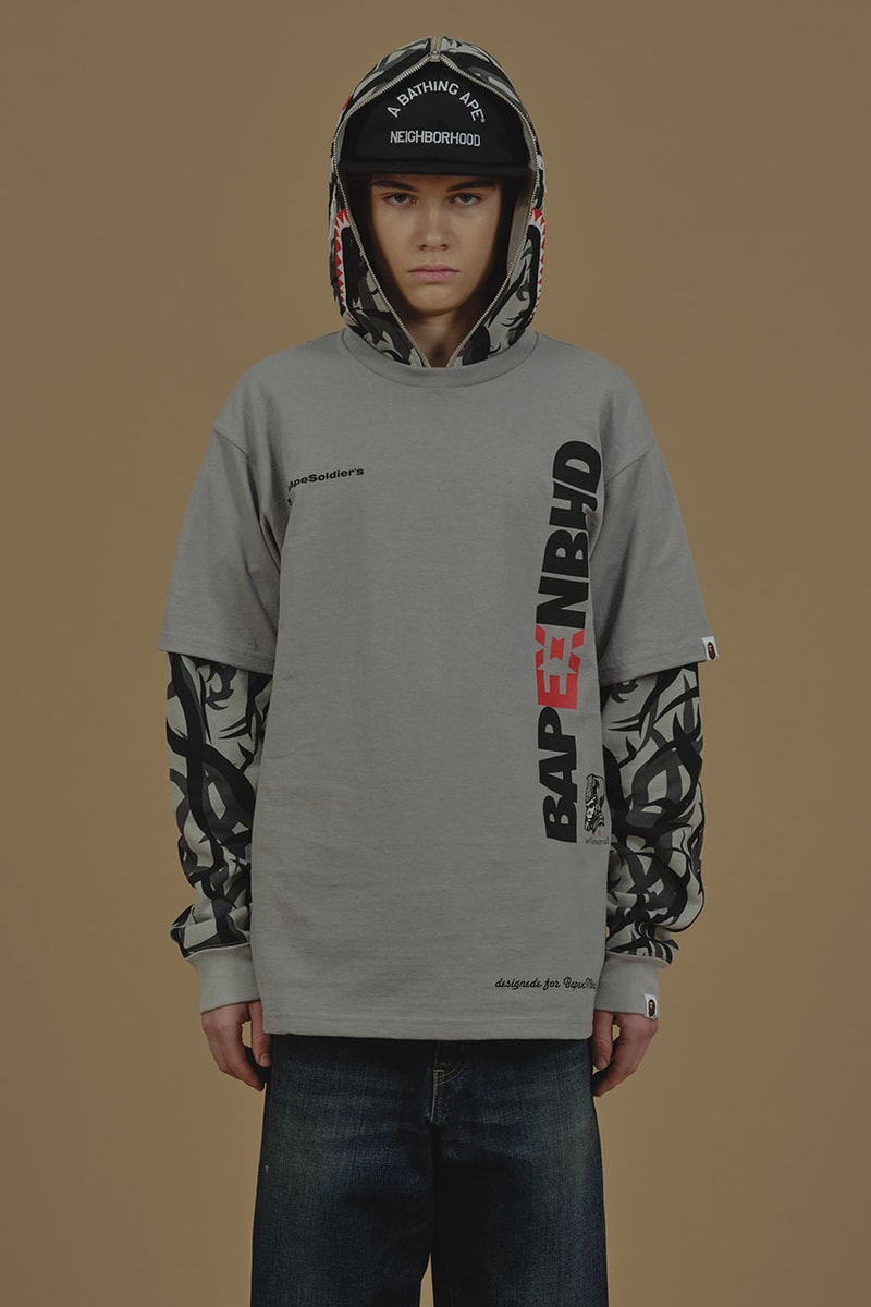 BAPE Joins NEIGHBORHOOD for Cold Weather, Camo-Covered Capsule collab fashion week y-3 yohji yamamoto adidas a bathing ape ceramic accessories apparel release info Shinsuke Takizawa trial colorway jacket snowboard hoodie graphic collaboration