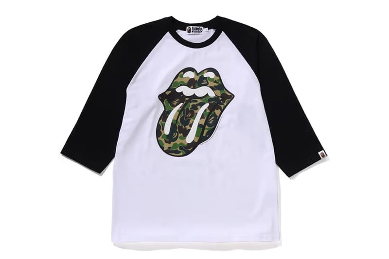 BAPE Rocks Out With The Rolling Stones collab capsule fashion release info drop t shirt graphic tongue camo rock second first 50 years anniversary raglan 