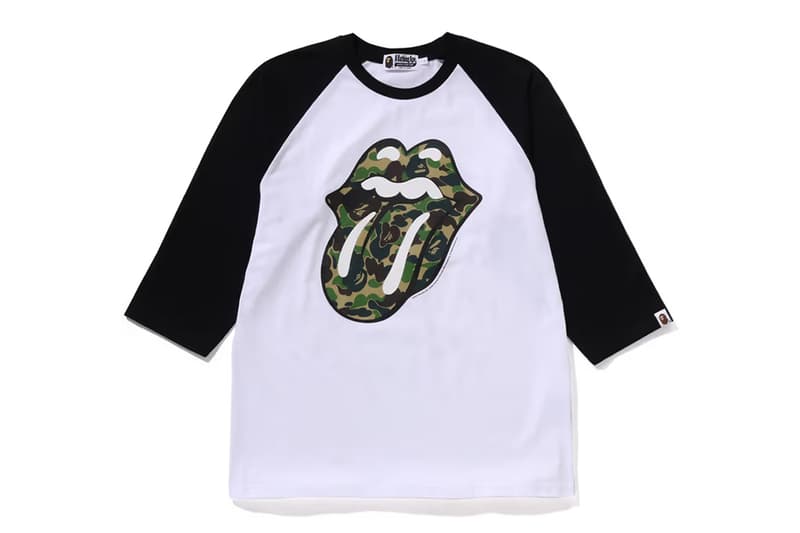BAPE Rocks Out With The Rolling Stones collab capsule fashion release info drop t shirt graphic tongue camo rock second first 50 years anniversary raglan