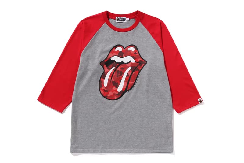 BAPE Rocks Out With The Rolling Stones collab capsule fashion release info drop t shirt graphic tongue camo rock second first 50 years anniversary raglan