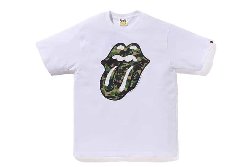 BAPE Rocks Out With The Rolling Stones collab capsule fashion release info drop t shirt graphic tongue camo rock second first 50 years anniversary raglan 