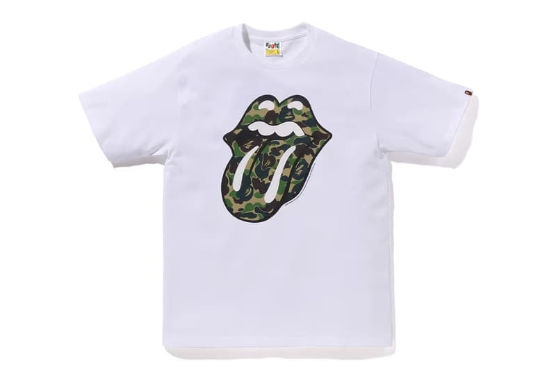 BAPE Rocks Out With The Rolling Stones collab capsule fashion release info drop t shirt graphic tongue camo rock second first 50 years anniversary raglan
