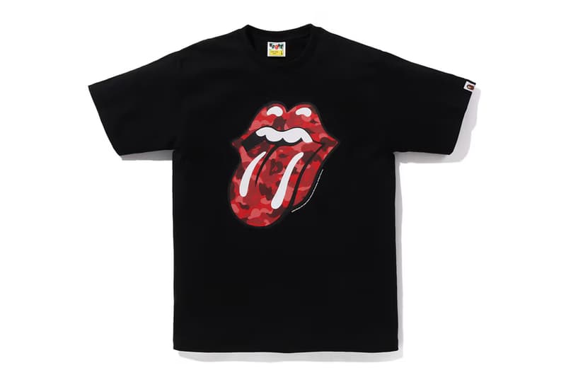 BAPE Rocks Out With The Rolling Stones collab capsule fashion release info drop t shirt graphic tongue camo rock second first 50 years anniversary raglan