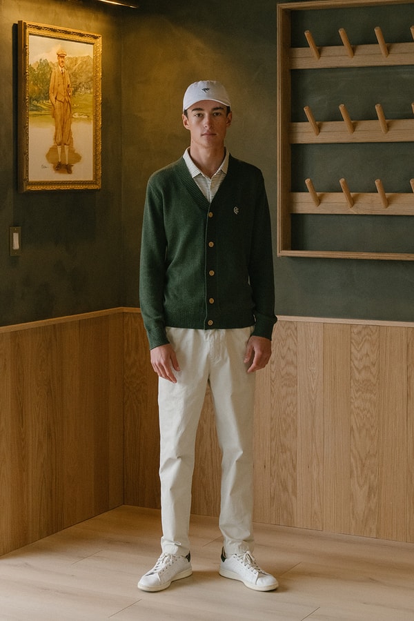 quiet golf spring summer 2025 collection polo cardigan cashmere sweater vest layer shell hoodie pants shorts green blue navy grey brown