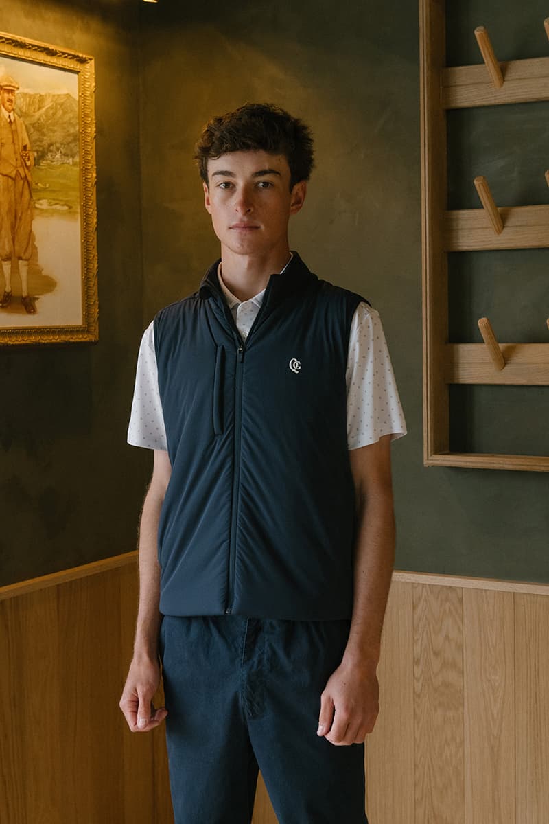 quiet golf spring summer 2025 collection polo cardigan cashmere sweater vest layer shell hoodie pants shorts green blue navy grey brown