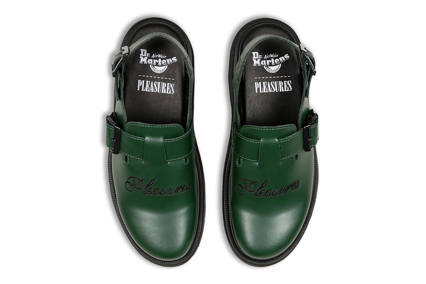 PLEASURES Drops Exclusive Dr. Martens Jorge Mule Collaboration footwear staple smooth green leather colorway