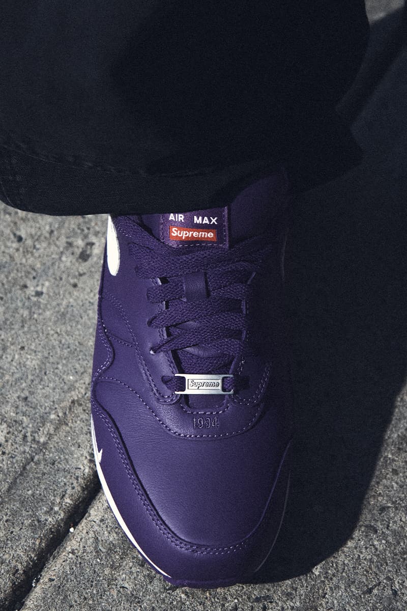 Supreme x Nike Air Max 1 Spring 2025 Collaboration release info black yellow purple leather world famous streetwear swoosh