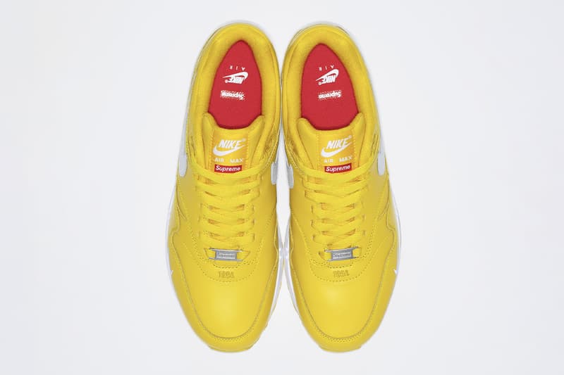 Supreme x Nike Air Max 1 Spring 2025 Collaboration release info black yellow purple leather world famous streetwear swoosh