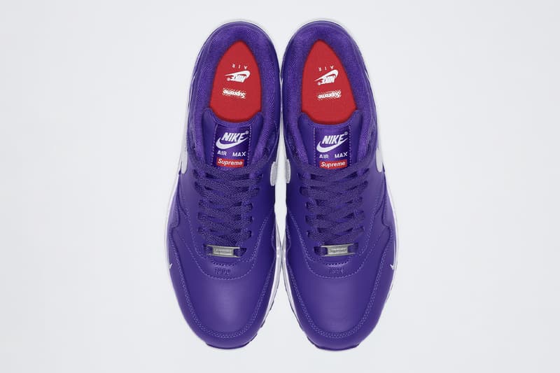 Supreme x Nike Air Max 1 Spring 2025 Collaboration release info black yellow purple leather world famous streetwear swoosh