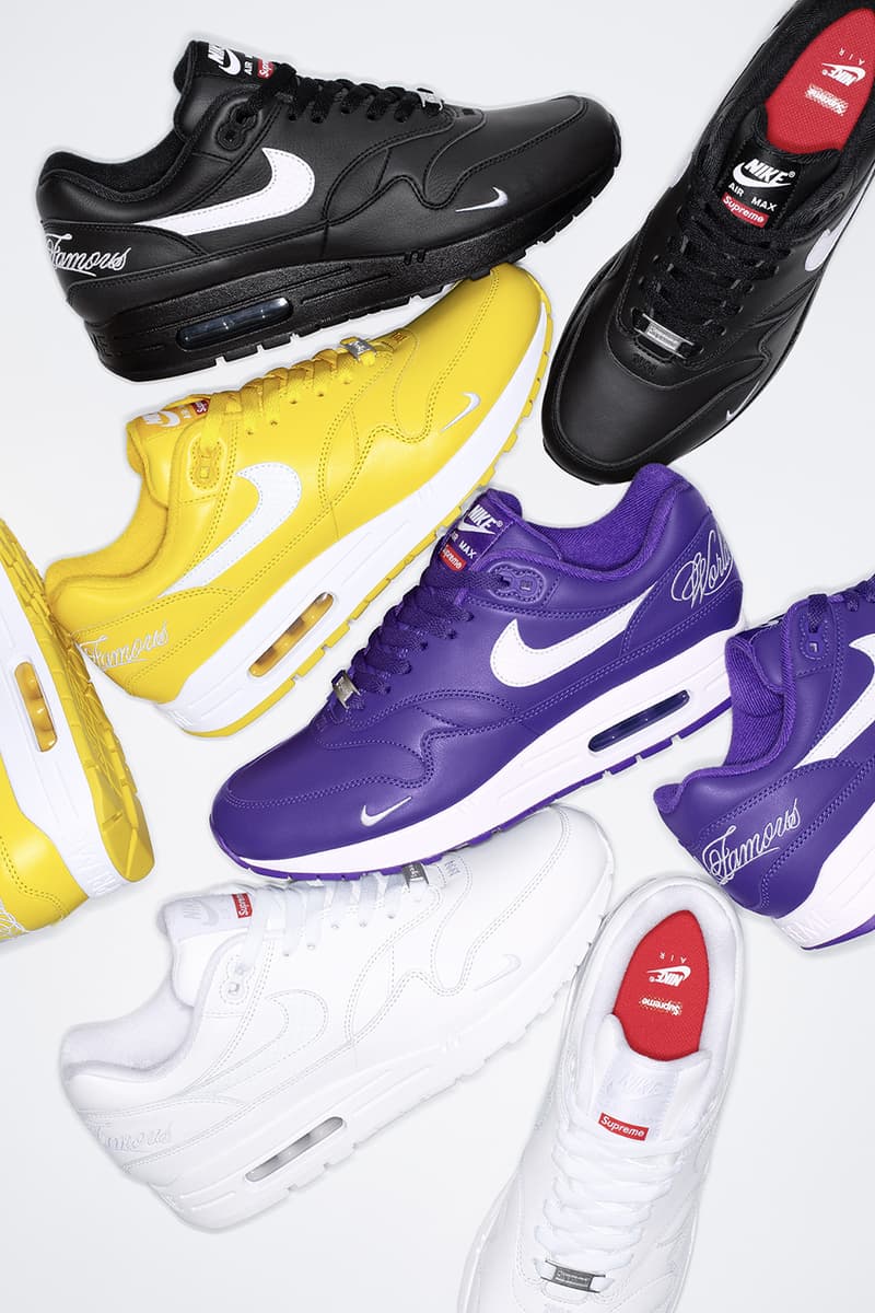 Supreme x Nike Air Max 1 Spring 2025 Collaboration release info black yellow purple leather world famous streetwear swoosh