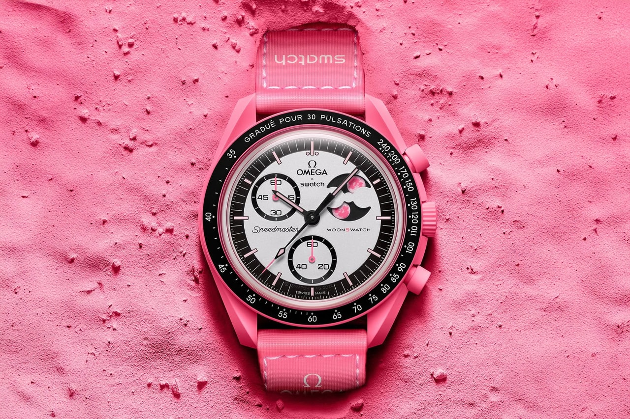 OMEGA x Swatch Mission to the Pink Moonphase MoonSwatch Release Info April Pink Moon pulsometer heart motif bright pink bioceramic limited edition