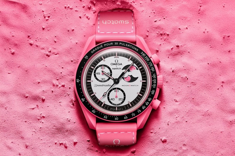 OMEGA x Swatch Mission to the Pink Moonphase MoonSwatch Release Info April Pink Moon pulsometer heart motif bright pink bioceramic limited edition