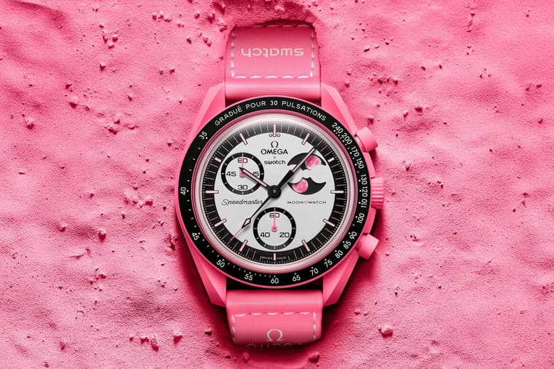 OMEGA x Swatch Mission to the Pink Moonphase MoonSwatch Release Info April Pink Moon pulsometer heart motif bright pink bioceramic limited edition