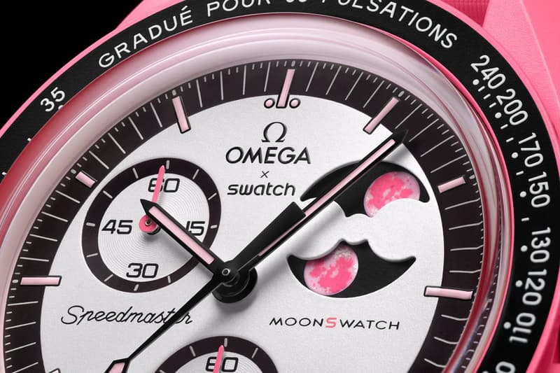 OMEGA x Swatch Mission to the Pink Moonphase MoonSwatch Release Info April Pink Moon pulsometer heart motif bright pink bioceramic limited edition
