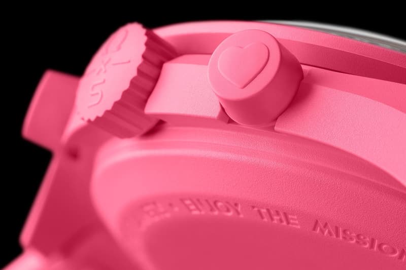 OMEGA x Swatch Mission to the Pink Moonphase MoonSwatch Release Info April Pink Moon pulsometer heart motif bright pink bioceramic limited edition