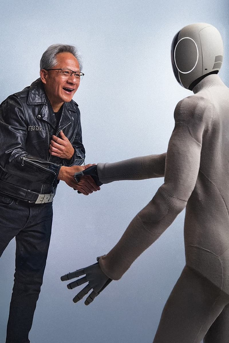 CEO of NVIDIA Receives Iced out ERL Leather Jacket by Neo Gamma Humanoid Robot jensen huang 1x technologies ai technology eli russell linnetz