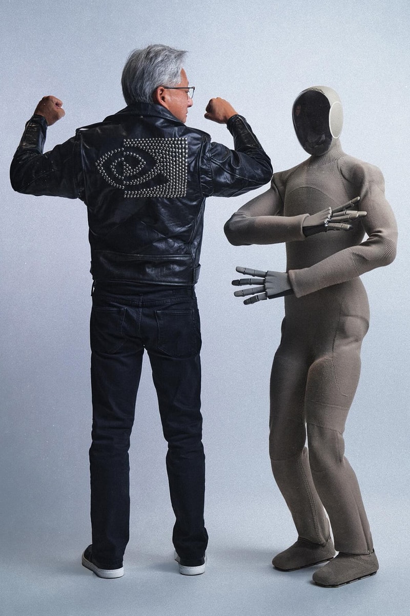 CEO of NVIDIA Receives Iced out ERL Leather Jacket by Neo Gamma Humanoid Robot jensen huang 1x technologies ai technology eli russell linnetz