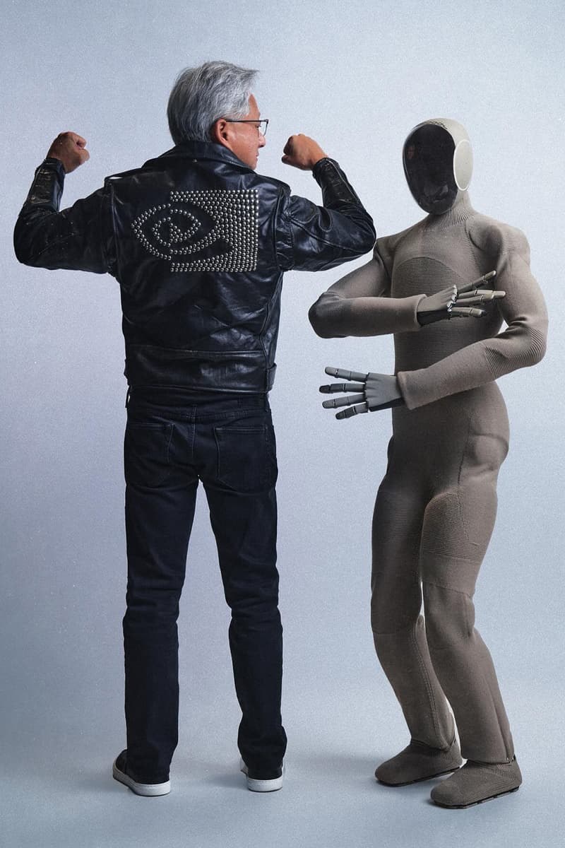 CEO of NVIDIA Receives Iced out ERL Leather Jacket by Neo Gamma Humanoid Robot jensen huang 1x technologies ai technology eli russell linnetz