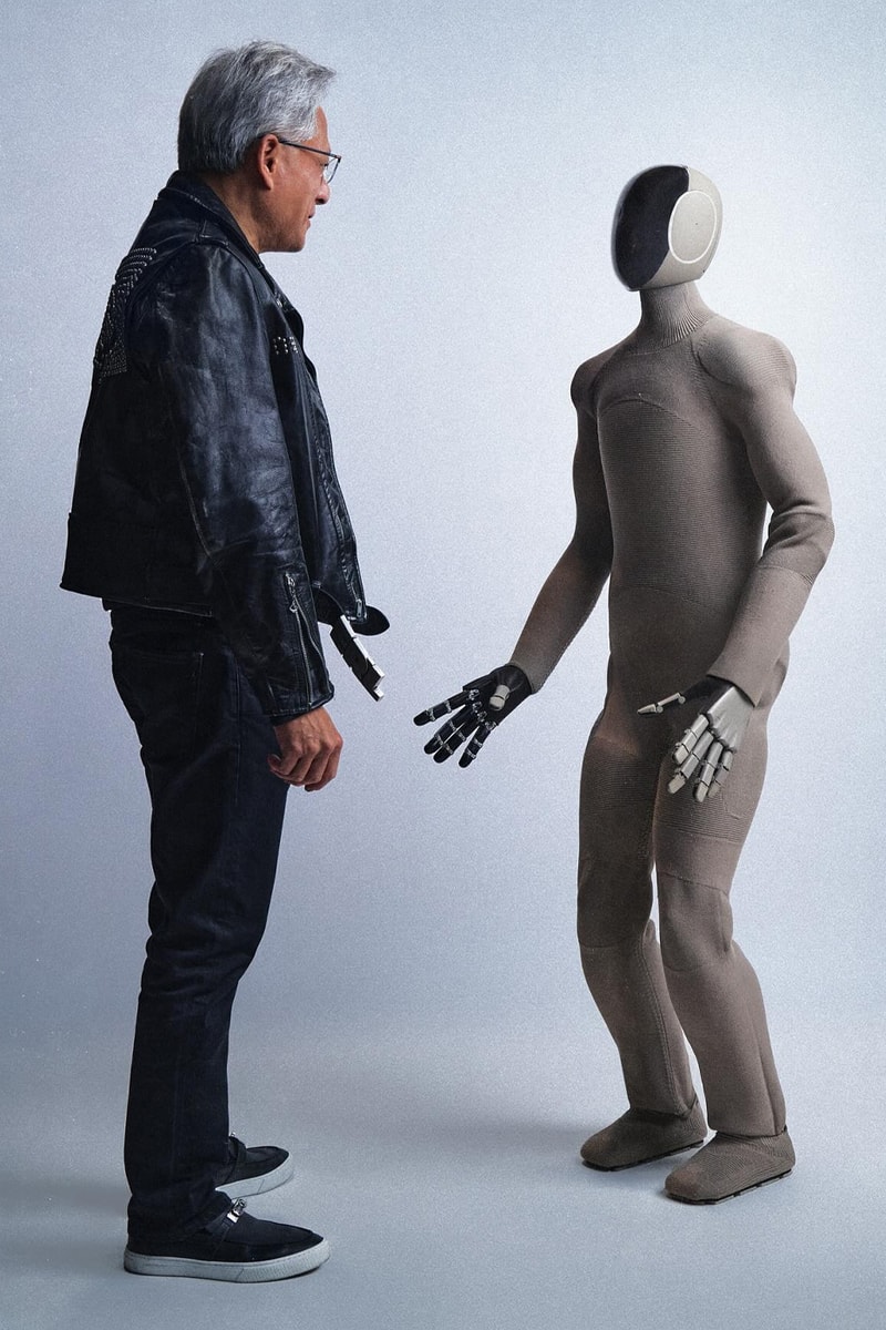 CEO of NVIDIA Receives Iced out ERL Leather Jacket by Neo Gamma Humanoid Robot jensen huang 1x technologies ai technology eli russell linnetz