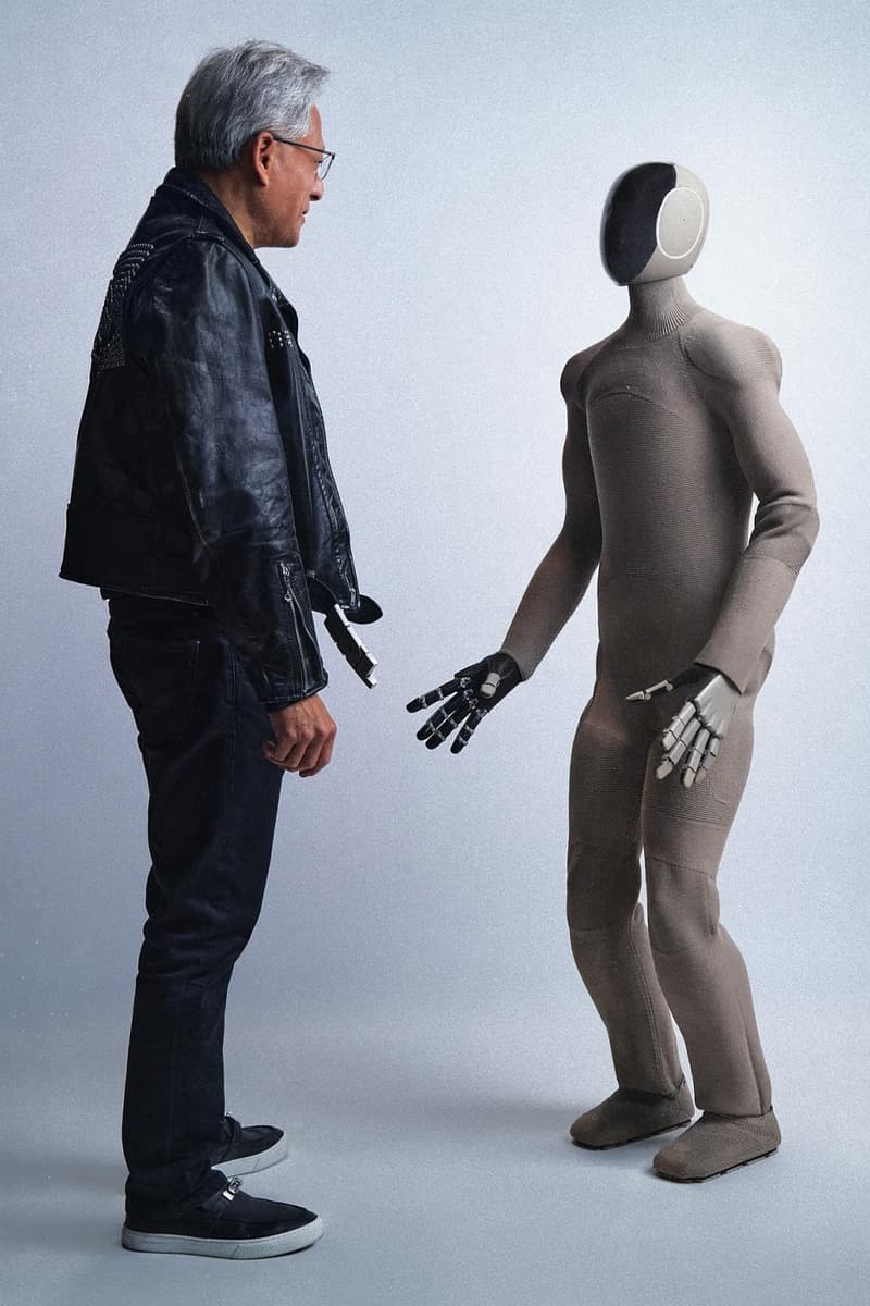 CEO of NVIDIA Receives Iced out ERL Leather Jacket by Neo Gamma Humanoid Robot jensen huang 1x technologies ai technology eli russell linnetz