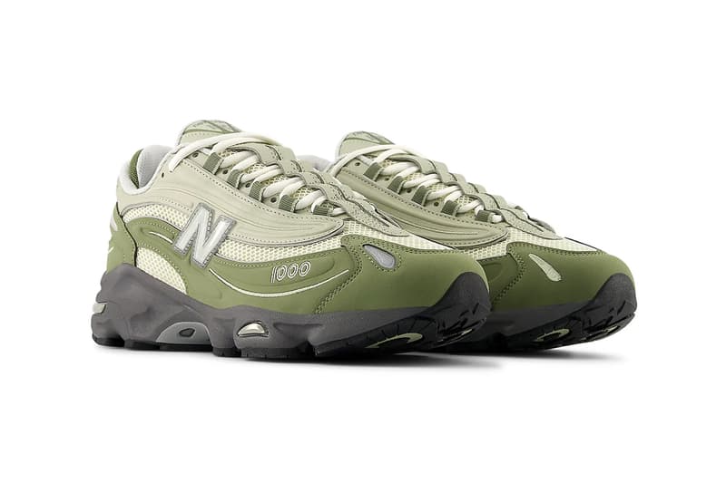 New Balance 1000 Surfaces in "Dark Olivine" nb boston brand green militaristic green shoes sneakers dad shoes chunky retro