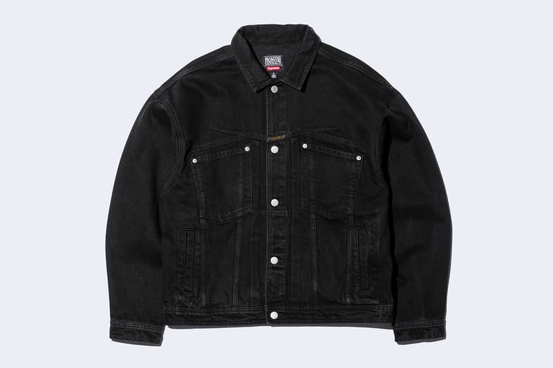 Supreme x Marithé + Françoise Girbaud Spring 2025 Collaboration french fashion house François Girbaud and Marithé Bachellerie western house M+FG   Leather Flight Bomber Jacket, Denim Trucker Jacket, Down Puffer Vest, Hockey Jersey, Hooded Sweatshirt, Leather Cargo Pant, Baggy Jean, Sweatpant, Denim Short, Tee, Camp Cap, Beanie, Tote Bag and Towel
